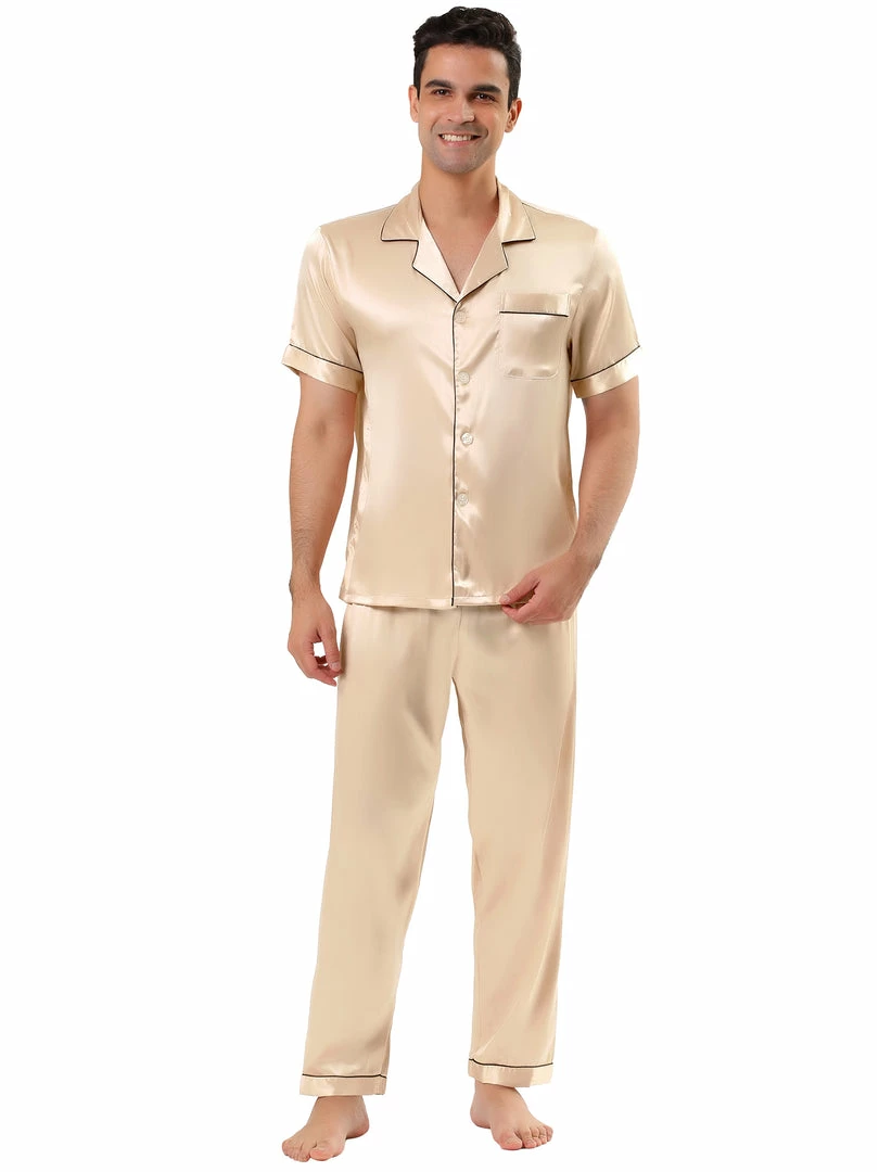 Allegra K Men's Satin Sleepwear Short Sleeves Button Down Top And Pants Lounge Pajama Sets 9 Allegra K Men's Satin Sleepwear Short Sleeves Button Down Top And Pants Lounge Pajama Sets