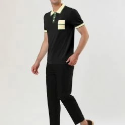 Allegra K Men's Summer Polo Shirts Short Sleeve Point Collar Pocket Golf Sports Contrast Knit Polo Shirt