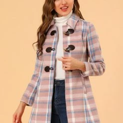 Allegra K Women's Toggle Outerwear Classic Turn Down Collar Plaid Duffle Front Pea Coat
