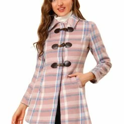 Allegra K Women's Toggle Outerwear Classic Turn Down Collar Plaid Duffle Front Pea Coat