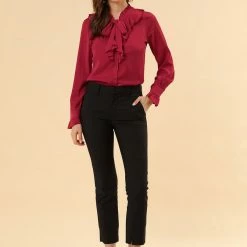 Allegra K Women's Ruffle Neck Tie Neck Ruffle Cuff Button Front Solid Work Shirt 29 Allegra K Women's Ruffle Neck Tie Neck Ruffle Cuff Button Front Solid Work Shirt