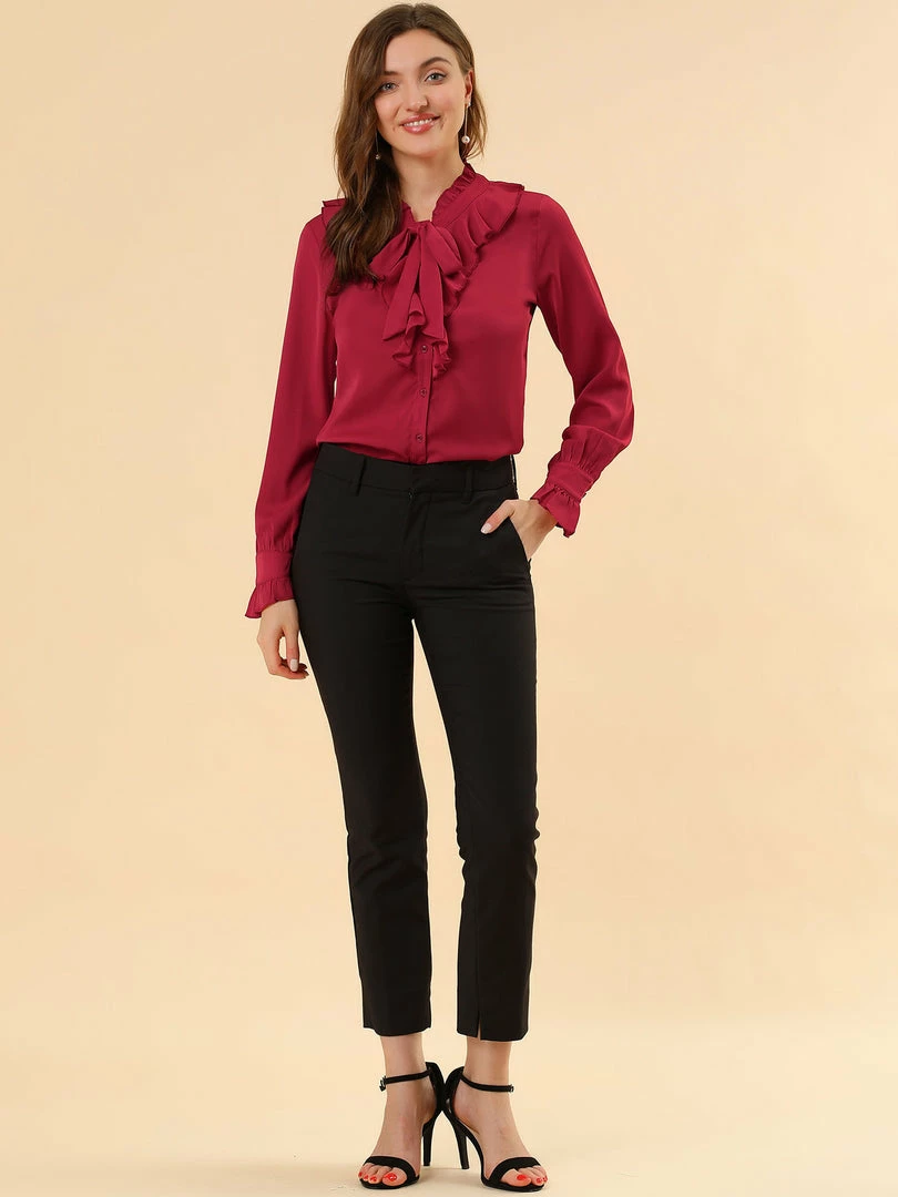 Allegra K Women's Ruffle Neck Tie Neck Ruffle Cuff Button Front Solid Work Shirt 11 Allegra K Women's Ruffle Neck Tie Neck Ruffle Cuff Button Front Solid Work Shirt