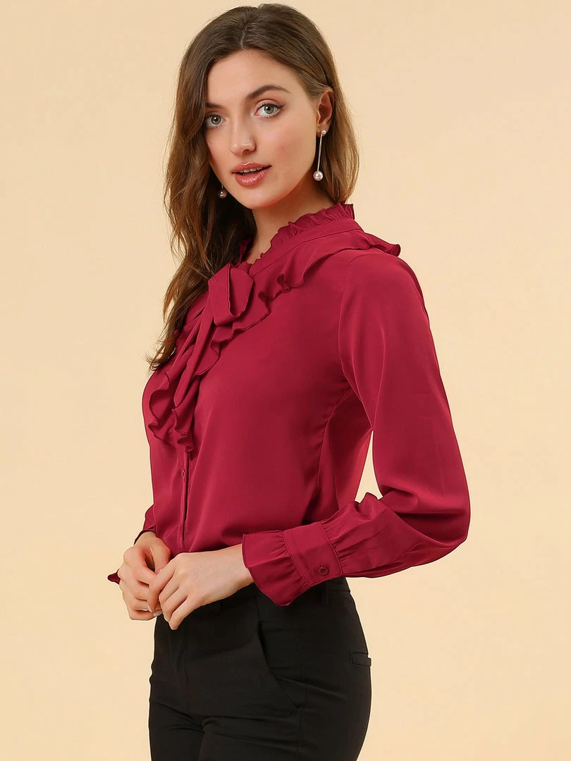 Allegra K Women's Ruffle Neck Tie Neck Ruffle Cuff Button Front Solid Work Shirt 12 Allegra K Women's Ruffle Neck Tie Neck Ruffle Cuff Button Front Solid Work Shirt
