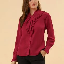 Allegra K Women's Ruffle Neck Tie Neck Ruffle Cuff Button Front Solid Work Shirt 31 Allegra K Women's Ruffle Neck Tie Neck Ruffle Cuff Button Front Solid Work Shirt