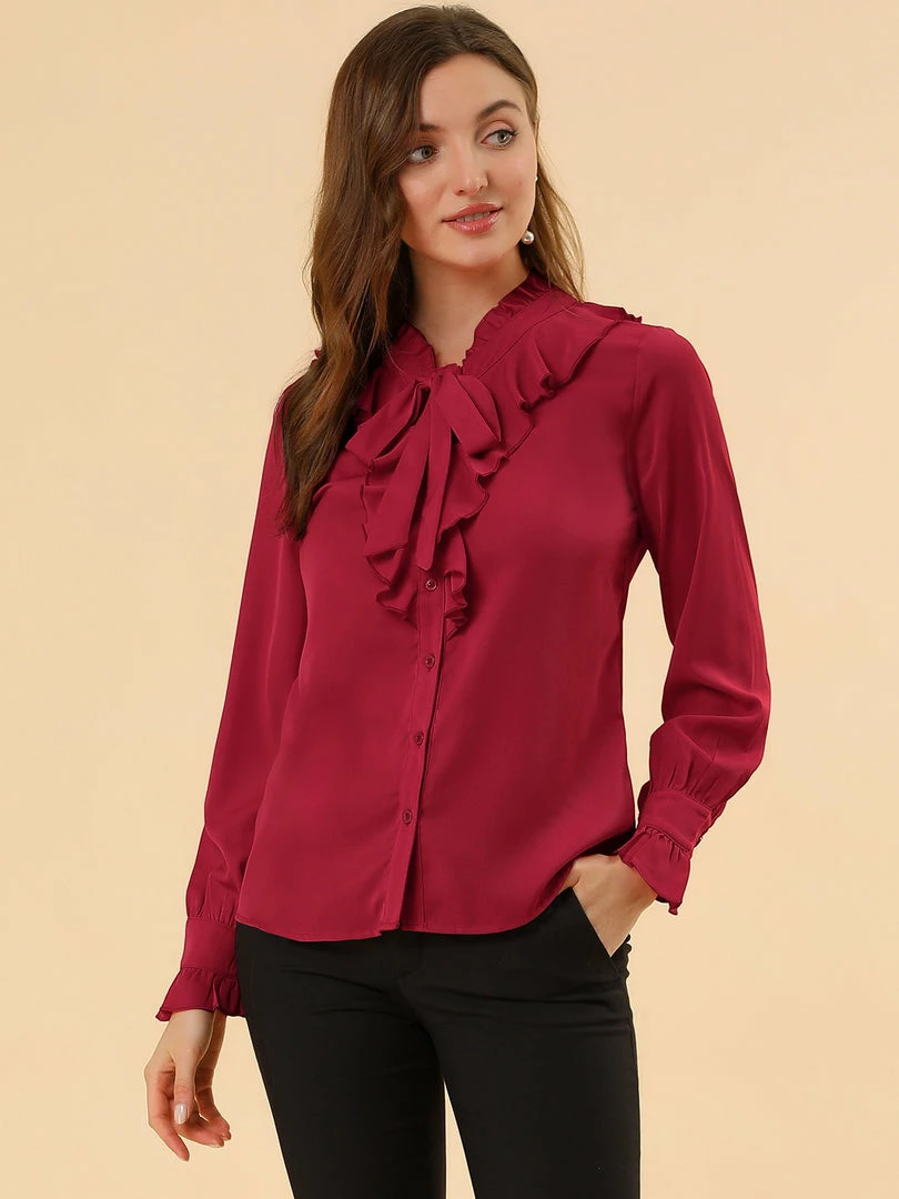 Allegra K Women's Ruffle Neck Tie Neck Ruffle Cuff Button Front Solid Work Shirt 13 Allegra K Women's Ruffle Neck Tie Neck Ruffle Cuff Button Front Solid Work Shirt