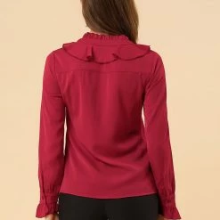 Allegra K Women's Ruffle Neck Tie Neck Ruffle Cuff Button Front Solid Work Shirt 32 Allegra K Women's Ruffle Neck Tie Neck Ruffle Cuff Button Front Solid Work Shirt