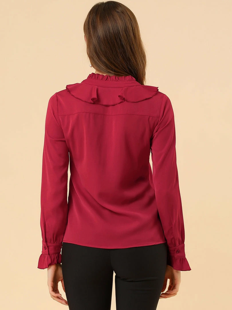 Allegra K Women's Ruffle Neck Tie Neck Ruffle Cuff Button Front Solid Work Shirt 14 Allegra K Women's Ruffle Neck Tie Neck Ruffle Cuff Button Front Solid Work Shirt