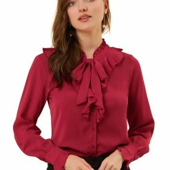 Allegra K Women's Ruffle Neck Tie Neck Ruffle Cuff Button Front Solid Work Shirt 28 Allegra K Women's Ruffle Neck Tie Neck Ruffle Cuff Button Front Solid Work Shirt