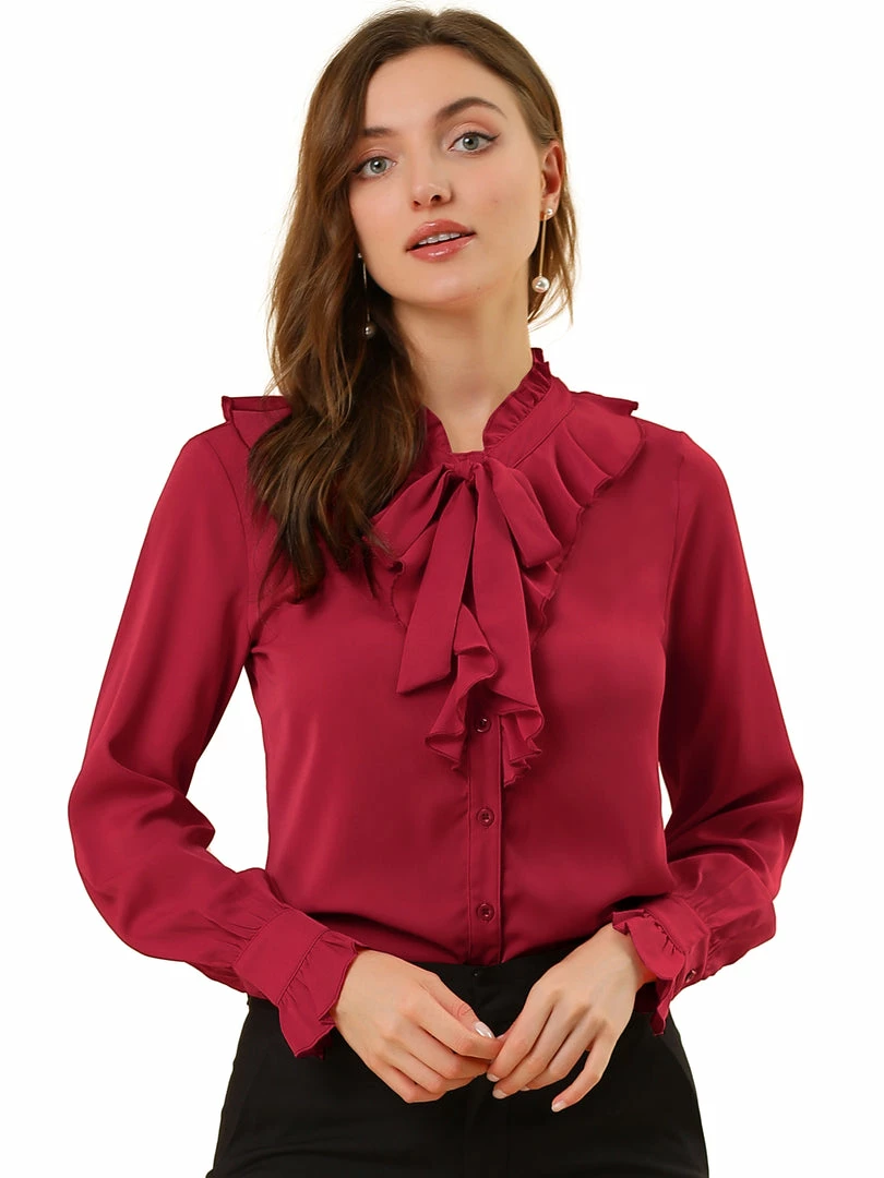 Allegra K Women's Ruffle Neck Tie Neck Ruffle Cuff Button Front Solid Work Shirt 10 Allegra K Women's Ruffle Neck Tie Neck Ruffle Cuff Button Front Solid Work Shirt