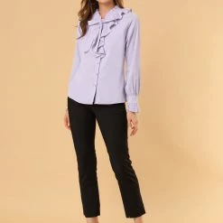 Allegra K Women's Ruffle Neck Tie Neck Ruffle Cuff Button Front Solid Work Shirt 35 Allegra K Women's Ruffle Neck Tie Neck Ruffle Cuff Button Front Solid Work Shirt