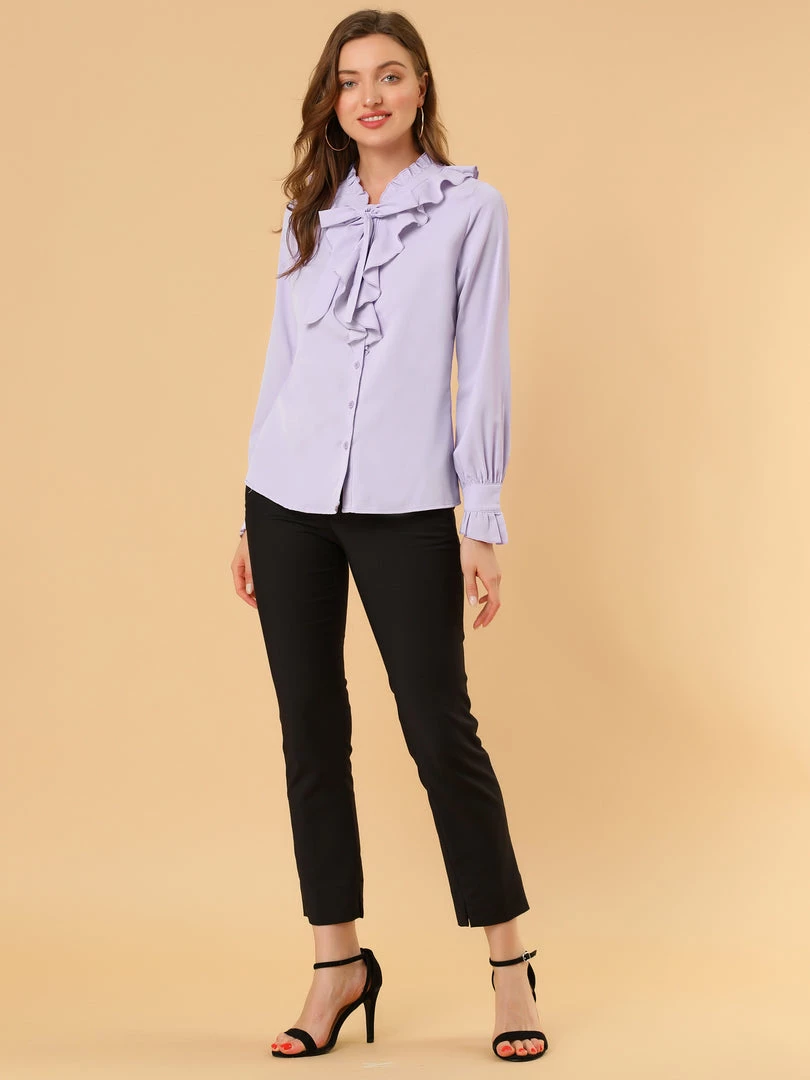 Allegra K Women's Ruffle Neck Tie Neck Ruffle Cuff Button Front Solid Work Shirt 17 Allegra K Women's Ruffle Neck Tie Neck Ruffle Cuff Button Front Solid Work Shirt