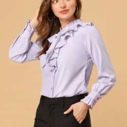 Allegra K Women's Ruffle Neck Tie Neck Ruffle Cuff Button Front Solid Work Shirt 37 Allegra K Women's Ruffle Neck Tie Neck Ruffle Cuff Button Front Solid Work Shirt