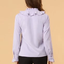 Allegra K Women's Ruffle Neck Tie Neck Ruffle Cuff Button Front Solid Work Shirt 38 Allegra K Women's Ruffle Neck Tie Neck Ruffle Cuff Button Front Solid Work Shirt