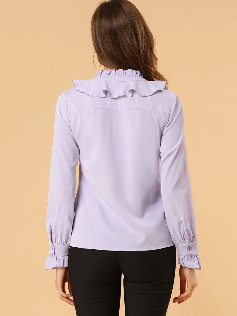 Allegra K Women's Ruffle Neck Tie Neck Ruffle Cuff Button Front Solid Work Shirt 20 Allegra K Women's Ruffle Neck Tie Neck Ruffle Cuff Button Front Solid Work Shirt