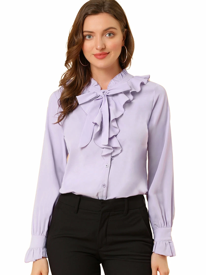 Allegra K Women's Ruffle Neck Tie Neck Ruffle Cuff Button Front Solid Work Shirt 16 Allegra K Women's Ruffle Neck Tie Neck Ruffle Cuff Button Front Solid Work Shirt