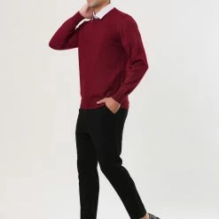 Allegra K Men's Casual Round Neck Long Sleeves Solid Color Knitted Pullover Sweater