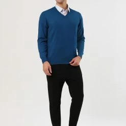 Allegra K Men's Classic Solid Color V Neck Knitted Long Sleeves Pullover Sweater