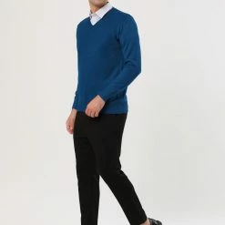 Allegra K Men's Classic Solid Color V Neck Knitted Long Sleeves Pullover Sweater