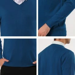 Allegra K Men's Classic Solid Color V Neck Knitted Long Sleeves Pullover Sweater