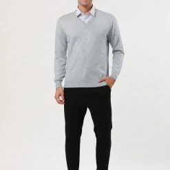 Allegra K Men's Classic Solid Color V Neck Knitted Long Sleeves Pullover Sweater