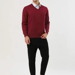 Allegra K Men's Classic Solid Color V Neck Knitted Long Sleeves Pullover Sweater