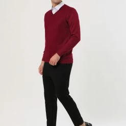Allegra K Men's Classic Solid Color V Neck Knitted Long Sleeves Pullover Sweater