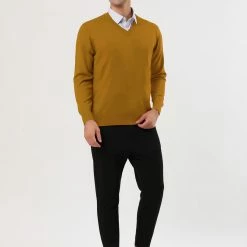 Allegra K Men's Classic Solid Color V Neck Knitted Long Sleeves Pullover Sweater