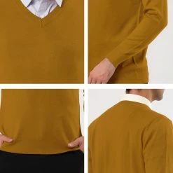 Allegra K Men's Classic Solid Color V Neck Knitted Long Sleeves Pullover Sweater