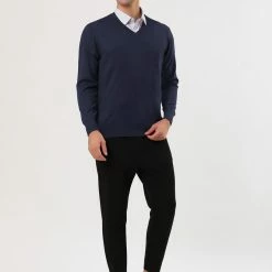 Allegra K Men's Classic Solid Color V Neck Knitted Long Sleeves Pullover Sweater