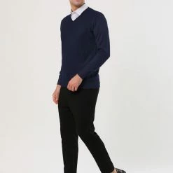 Allegra K Men's Classic Solid Color V Neck Knitted Long Sleeves Pullover Sweater