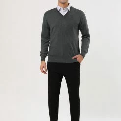 Allegra K Men's Classic Solid Color V Neck Knitted Long Sleeves Pullover Sweater