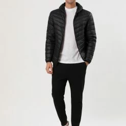 Allegra K Men's Winter Coats Lightweight Solid Color Full-Zip Hooded Puffer Down Jacket