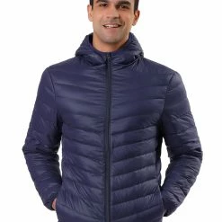 Allegra K Men's Winter Coats Lightweight Solid Color Full-Zip Hooded Puffer Down Jacket