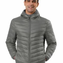 Allegra K Men's Winter Coats Lightweight Solid Color Full-Zip Hooded Puffer Down Jacket