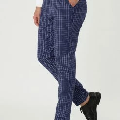 Allegra K Men's Business Pants Checked Printed Slim Fit Flat Front Plaid Dress Trousers