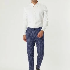 Allegra K Men's Business Pants Checked Printed Slim Fit Flat Front Plaid Dress Trousers