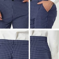 Allegra K Men's Business Pants Checked Printed Slim Fit Flat Front Plaid Dress Trousers