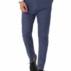 Allegra K Men's Business Pants Checked Printed Slim Fit Flat Front Plaid Dress Trousers