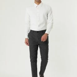 Allegra K Men's Business Pants Checked Printed Slim Fit Flat Front Plaid Dress Trousers