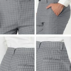 Allegra K Men's Business Pants Checked Printed Slim Fit Flat Front Plaid Dress Trousers