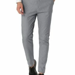 Allegra K Men's Business Pants Checked Printed Slim Fit Flat Front Plaid Dress Trousers