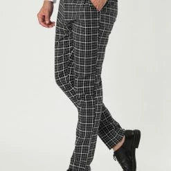 Allegra K Men's Business Pants Checked Printed Slim Fit Flat Front Plaid Dress Trousers