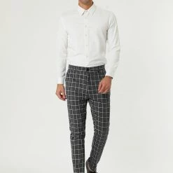 Allegra K Men's Business Pants Checked Printed Slim Fit Flat Front Plaid Dress Trousers