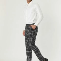 Allegra K Men's Business Pants Checked Printed Slim Fit Flat Front Plaid Dress Trousers