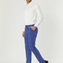 Allegra K Men's Business Pants Checked Printed Slim Fit Flat Front Plaid Dress Trousers