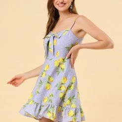 Women Allegra K Spaghetti Strap Bowknot Ruffle Lemon Polka Dot Dress