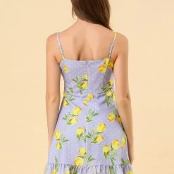 Women Allegra K Spaghetti Strap Bowknot Ruffle Lemon Polka Dot Dress