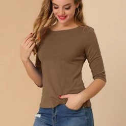 Allegra K Women Elbow Sleeves Round Neck Slim Fit Tee