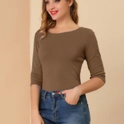 Allegra K Women Elbow Sleeves Round Neck Slim Fit Tee