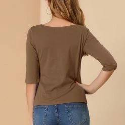 Allegra K Women Elbow Sleeves Round Neck Slim Fit Tee